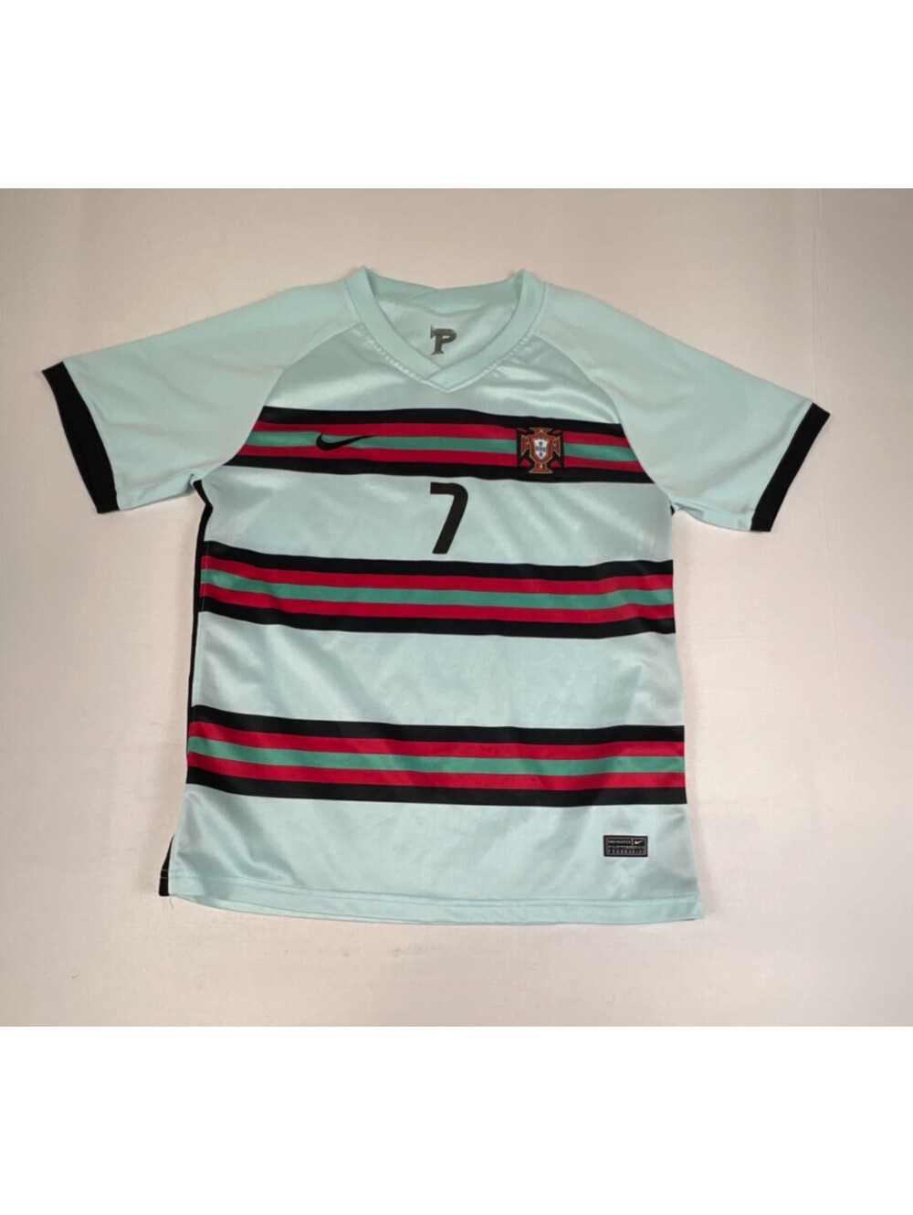Nike Portugal Soccer Jersey Boys size 30 Ronaldo 7 Light Blue Green Red Striped